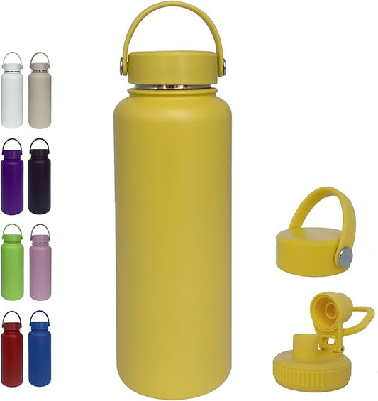 40oz Insulated Water Bottle ，Stainless Steel Sports Water Cup Flask with 2 Lids, Wide Mouth Travel Thermal Mug,Outdoor Sports Bottle（Mango yellow）