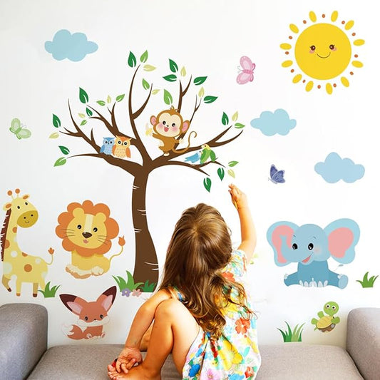 Runtoo Baby Animals Wall Decals Elephant Lion Monkey Jungle Tree Wall Stickers for Kids Room Nursery Classroom Wall Decor