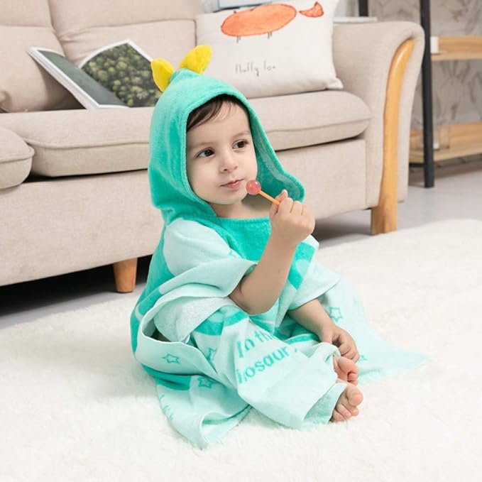 TONWHAR Kids Bath/Pool/Beach Hooded Poncho Towel-Cartoon Animal Pattern Cotton Beach Towel for Baby and Kids (Light Green Dinosaur, 1-4 Years/Height:33.4"-43.3")