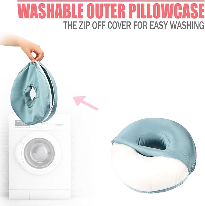 Satin Ear Piercing Pillow Removable Cover Luxury Cnh Pillow with Ear Holes for Ear Pain Side Sleepers Washable Large Donut Pillows Head Neck Support Turquoise