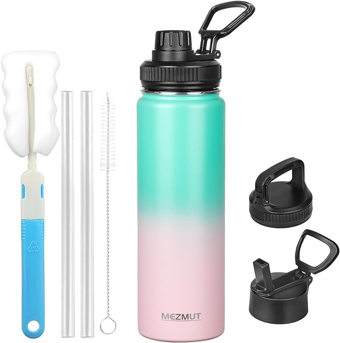 Insulated Water Bottle 24oz Stainless Steel Water Bottles with Straw&3 Lids Sports Metal Water Bottle Thermos Cup Double Walled Vacuum Insulated Bottles Leak-Proof Travel (Gradient Green Pink)