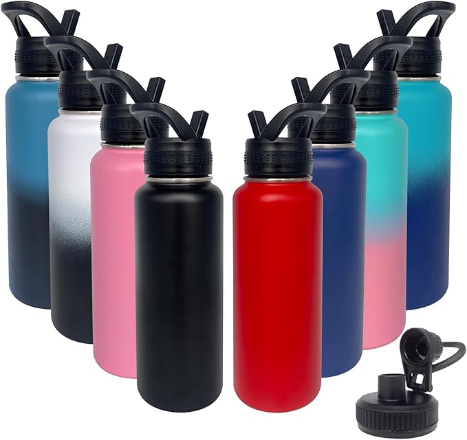 8pack 40 oz Insulated Water Bottle With Straw, Stainless Steel Sports Water Cup Flask with 2 Lids, Wide Mouth Travel Thermal Mug,Combining Colors