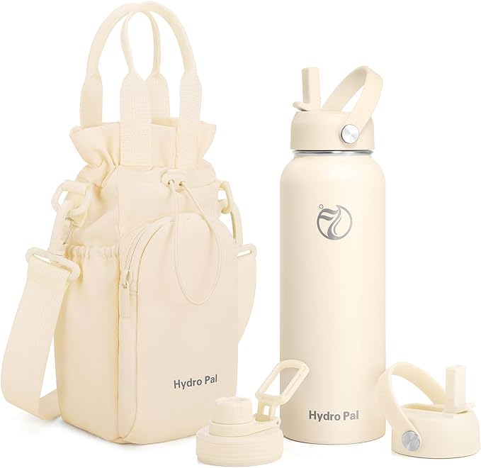 Insulated Water Bottles 32 oz with 2 Leak Proof Lids & Water Bottle Holder, Wide Mouth Sport Water Bottle with Straw, Reusable Stainless Steel Water Flask, Double Walled Vacuum Thermos