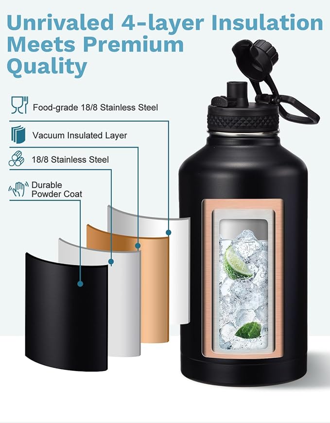 Insulated Water Bottle 64 oz - Keep Cold 48Hrs Hot24 Hrs, 1/2 Gallon Water Jug with Straw, Auto Spot Lid, Triple Wall Vacuum Stainless Steel Sports Water Bottle, Metal Half Gallon Jug