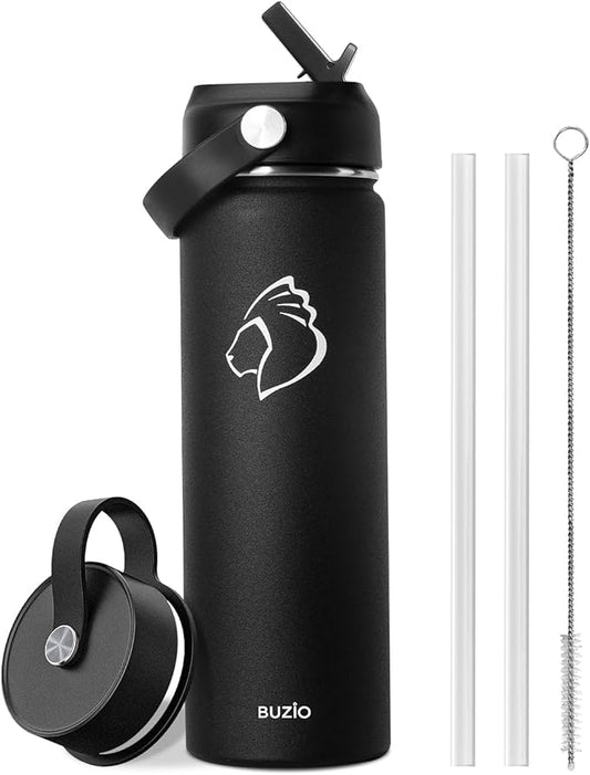 BUZIO 22oz Insulated Water Bottle with Straw Lid and Flex Cap, Wide Mouth Vacuum Insulated Stainless Steel Double Wall Water Flask,Cold for 48 Hrs Hot for 24 Hrs Simple Thermo Canteen Mug, Black