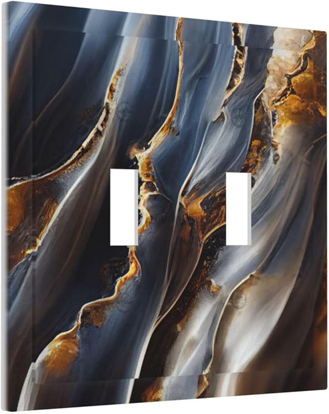 Gradient Abstract Ripple Blue Gold Marble Printed Double Toggle Light Switch Covers 2 Gang Wall Plate Dual Decorative Switchplate Electrical Faceplate for Kitchen Bathroom Bedroom Decor