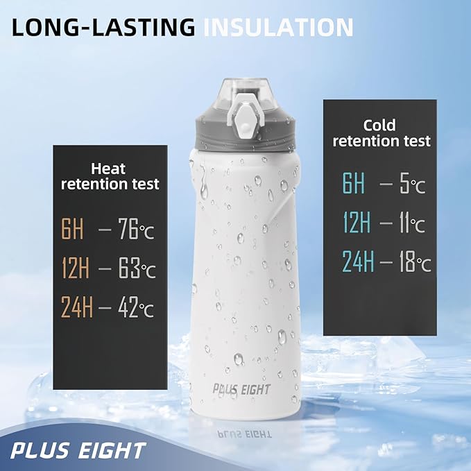 Sports Water Bottle, 25 oz Insulated Water Bottle With Straw, Stainless Steel Water Bottle Wide Mouth for Sports, Gym or Office, BPA-Free Keep Cold 24H Hot 12H (White)