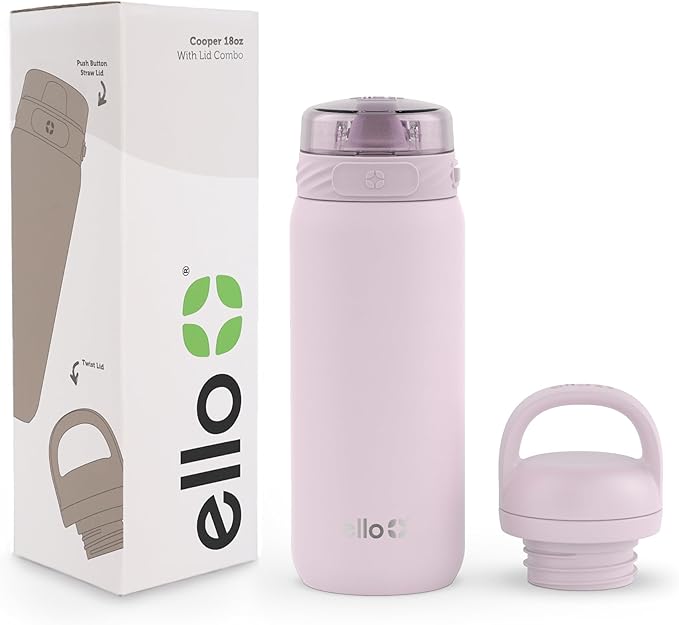 Ello Cooper 18oz Kids Stainless Steel Water Bottle with 2 Lids Chug and Straw | Leak Proof Double Wall Vacuum Insulated | Fits Car Cupholder | Built in Carry Loop | Dishwasher Safe | Cashmere Pink