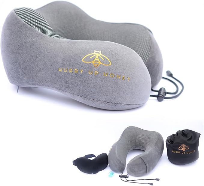 Travel Neck Pillow Memory Foam with Velvet Cover for Relaxing Journeys - Neck Pillow for Airplane,Car,Bus,Train,Comfortably Head Supports, Portable and Washable (Gray)
