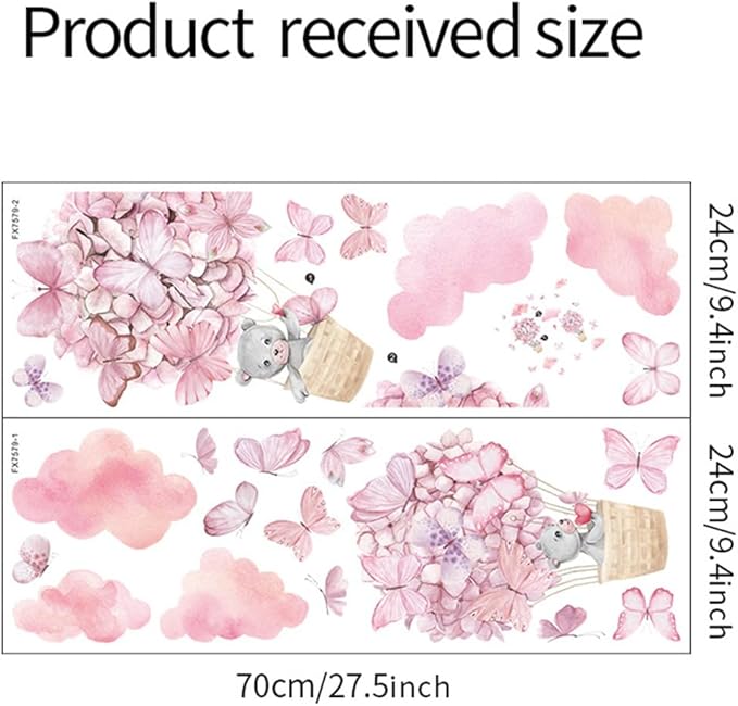 Bear Flower Butterfly Pink Clouds Wall Stickers for Girls Room Hot Air Balloon Baby Nursery Decor Wall Decal