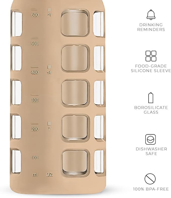 purifyou Premium Glass Water Bottles, 40/32 / 22/12 oz Reusable Drinking Bottle with Time & Volume Markings Silicone Sleeve & Stainless Steel Lid for Water, Coffee, & Fruit Juice (22oz Iced Coffee)