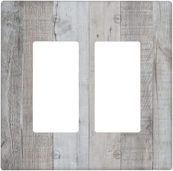 Rustic Grey Wood Shiplap 2 Gang Rocker Decora Light Switch Cover Decorative Vintage Country Outlet Covers Wall Plate Electrical Faceplate Switchcovers GFCI for Farmhouse Bathroom Bedroom Decor