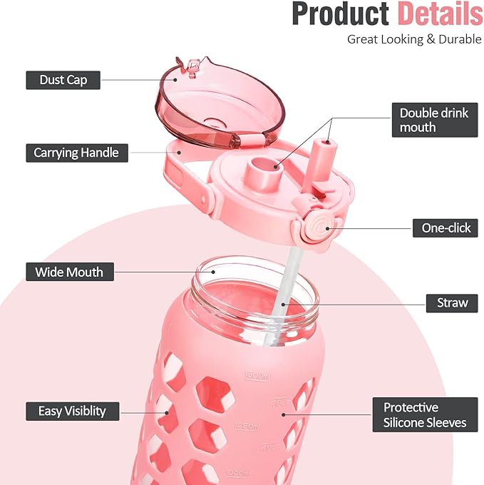 MUKOKO Half Gallon/64 oz Glass Water Bottles with Straw and Lid,Motivational Water Jug with Time Marker Reminder and Silicone Sleeve,100% Leakproof BPA Free Fitness Sports Large Bottle-Pink