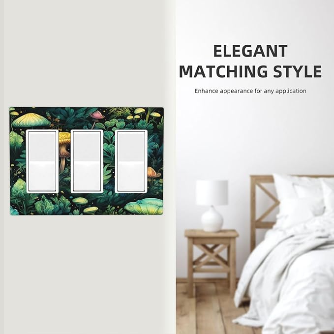 Green Dark Forest Mystical Mushroom 3 Gang Rocker Light Switch Covers Triple Outlet Wall Plate Decorative Switchplate Cover Faceplate GFCI for Country Bathroom Bedroom Kitchen Decor