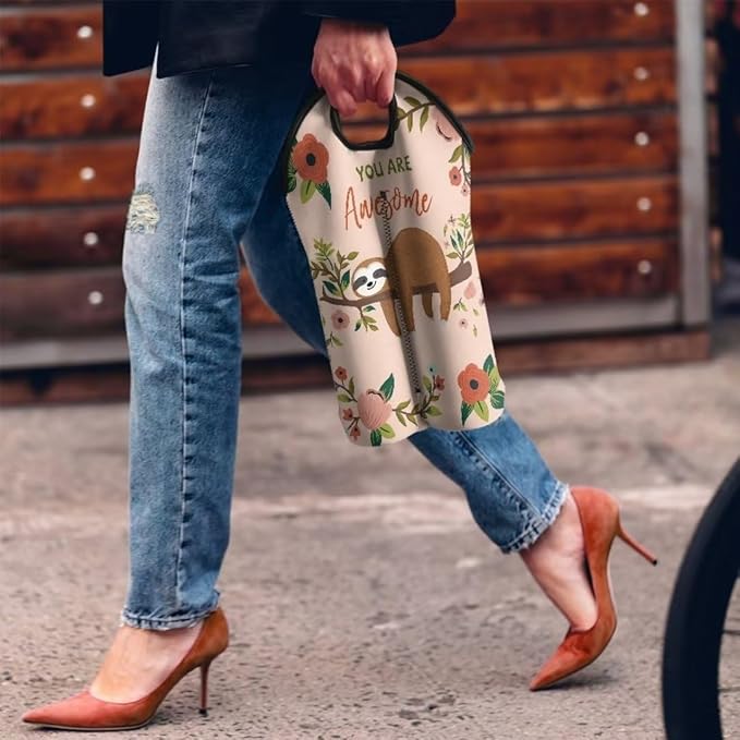 doginthehole Cute Sloth 2 Bottle Wine Carrier Tote Wine Bottle Insulated Sleeve for 750ML Portable Neoprene Wine Tote Holders Travel Picnic Party Champagne Carrier Bag with Handle