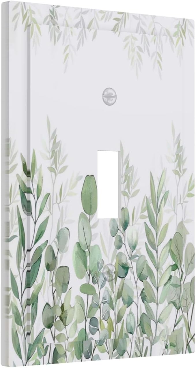 Green Eucalyptus Rustic Botanical Plant Leaves 1 Gang Boho Light Switch Covers Decorative Single Toggle Wall Plate Switchcover Electrical Switchplate for Country Bathroom Bedroom Decor