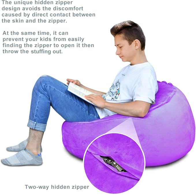 Bean Bag Chair Cover, Stuffed Animal Storage, Plush Toys Organizer Holder, Beanbag Chairs Cover for Kids Teans and Adults Super Soft and Comfortable Fabric X-Large with Handle and Zipper -Round Purple