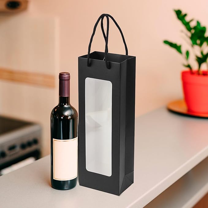 Ssyuysto 12 Pcs Black Wine Gift Bag with Window 4.9" x 3.34" x 14.1" Kraft Paper Wine Bags with Windows Flower Wrapping Bag Transparent Window Bags for Birthday Wedding Party Gift (Black)