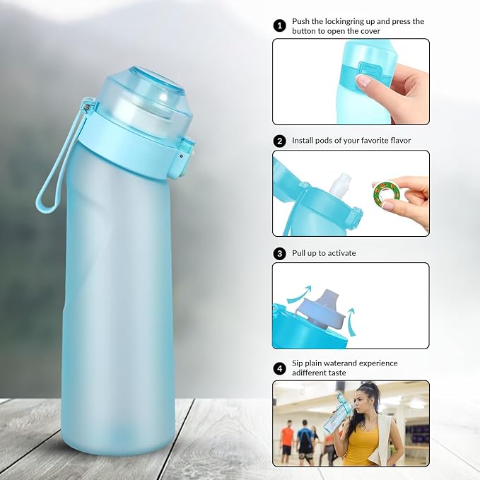 Matt Finish Water Bottle With 1 Flavor Pod | Include Straw and Strap | Silicone Leak-Proof Ring BPA Free, Air Water Bottle