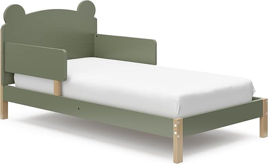 Storkcraft Teddy Bear Toddler Bed (Olive with Driftwood) - GREENGUARD Gold Certified, includes Toddler Safety Guardrails, Fits Standard Crib & Toddler Mattress, Stylish 2-Tone Design