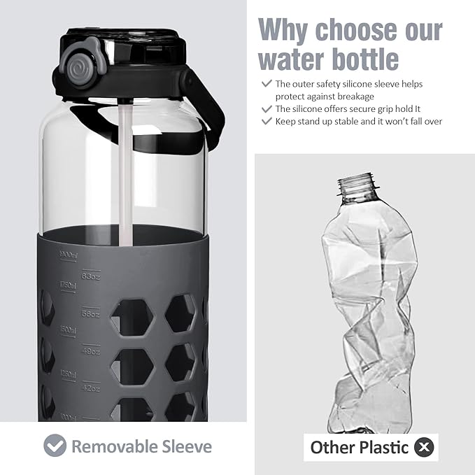 MUKOKO Half Gallon/64 oz Glass Water Bottles with Straw and Lid,Motivational Water Jug with Time Marker Reminder and Silicone Sleeve,100% Leakproof BPA Free Fitness Sports Large Bottle-Grey