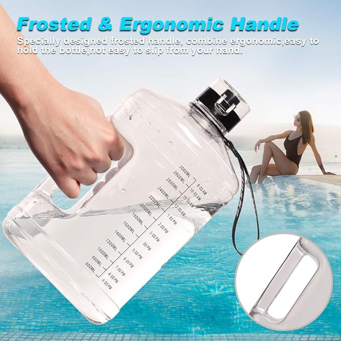 Gallon Big Water Bottle with Handle, 128oz Leakproof BPA Free Fitness Sports Water Bottle with Motivational Time Marker & Wide Mouth Ensure You Drink More Water