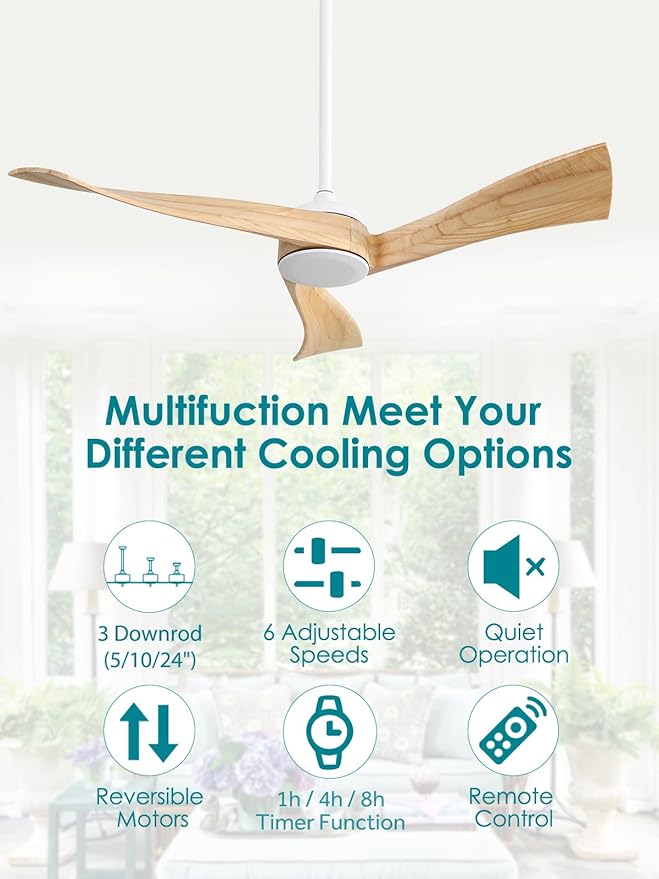 Sofucor 52" Ceiling Fan no Light, Outdoor Ceiling Fan Without Light Wood Ceiling Fan with Remote Control, 3 Blade Ceiling Fan with Quiet Energy Saving Motor, 6 Speeds, Burlyood