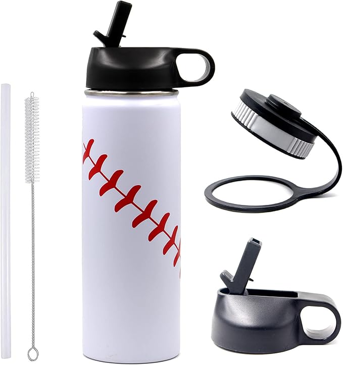 22 oz Baseball Water Bottle, Flask Sports with 2 Lids Double Wall Vacuum Insulated Stainless Steel Wide Mouth Hot & Cold Thermo Mug (22oz, White baseball)