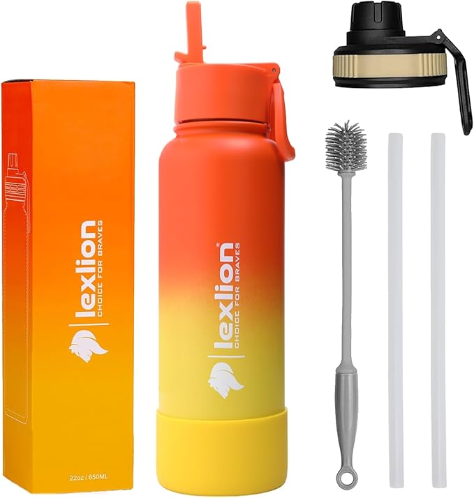 Water Bottle 22oz, Triple Walled Insulated Stainless Steel Reusable Bottle, Silicone Sleeve, Cleaning Brush, 2 Lids (Spout lid & Straw lid w/2 straw), Metal Mug Gallon, BPA Free, Sunset
