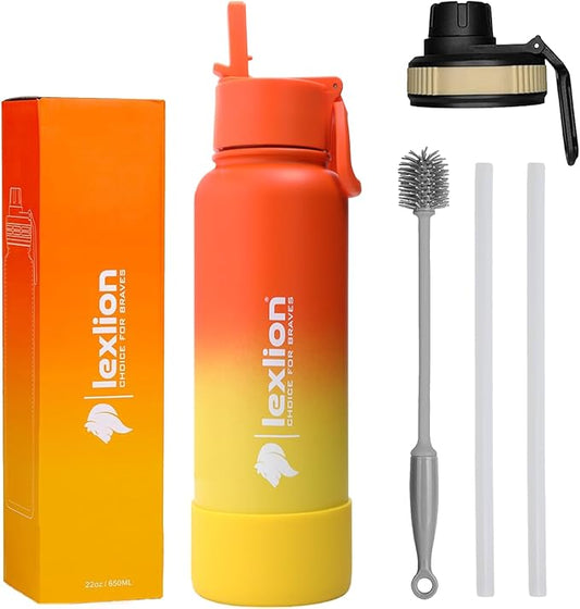 Water Bottle 22oz, Triple Walled Insulated Stainless Steel Reusable Bottle, Silicone Sleeve, Cleaning Brush, 2 Lids (Spout lid & Straw lid w/2 straw), Metal Mug Gallon, BPA Free, Sunset