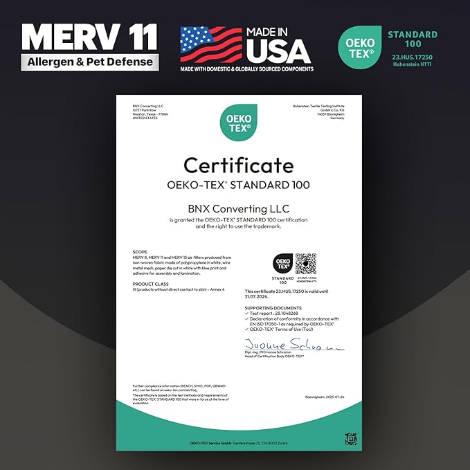 BNX TruFilter 12x20x1 Air Filter MERV 11 (6-Pack) - MADE IN USA - Allergen Defense Electrostatic Pleated Air Conditioner HVAC AC Furnace Filters for Allergies, Dust, Pet, Smoke, Allergy MPR 1200 FPR 7