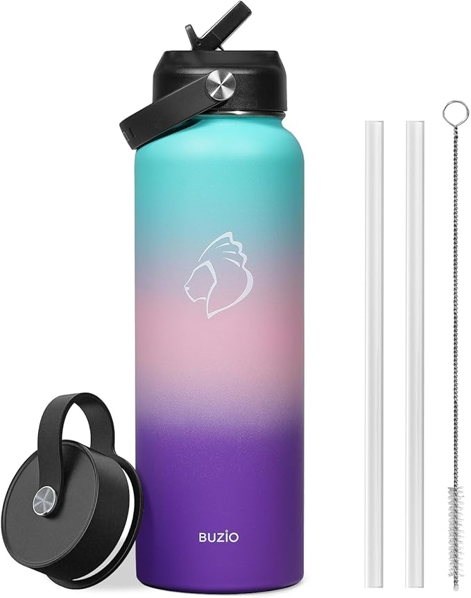 BUZIO 40oz Insulated Water Bottle, Stainless Steel Double Wall Water Flask (Cold for 48 Hrs) Leak Proof Sports Bottles Jug with Straw Lid and Flex Cap Metal Canteen for Gym Travel Camping, Hydrangea