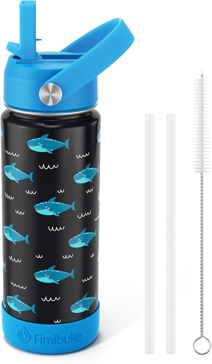 Fimibuke Kids Insulated Water Bottle - 18oz BPA-FREE 18/8 Stainless Steel Kids Cup with Straw Travel Tumbler Double Wall Vacuum Leak Proof Toddler Water Bottle for School Boys Girls(1 Pack, Shark)