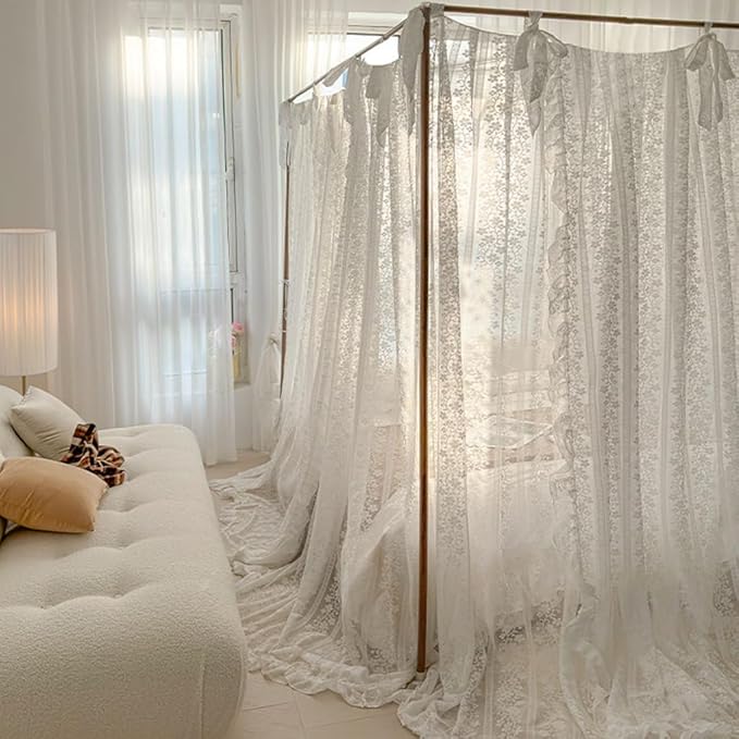 Elegant Princess 4 Corner Post Mosquito Net Romantic for Girls Women Bed Curtain Canopy for Adult Wedding Bedroom Kids Rooms Decoration (Type2-White-Flower, Queen)