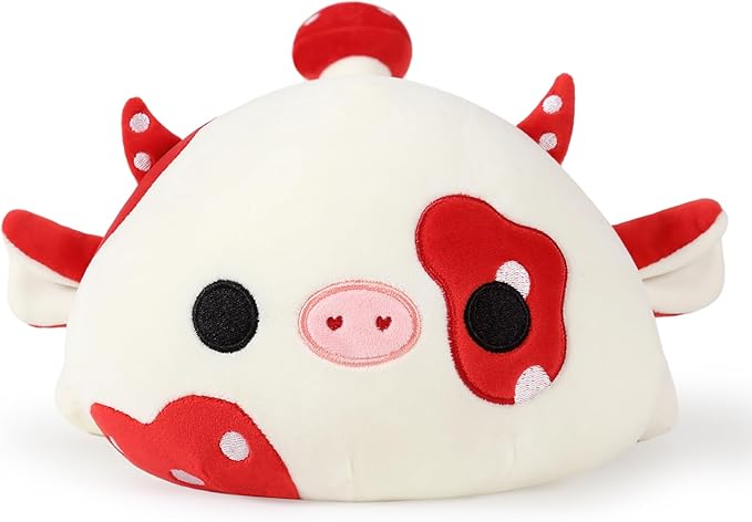 Onsoyours Cute Cow Plushie, Soft Stuffed Mushroom Cow Squishy Plush Animal Toy Pillow for Kids (Red Mushroom Cow, 9")