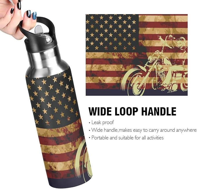 Skull Motorcycle American Flag Water Bottle - Reusable Water Bottle for Gym Bike Running Cycling 600 Milliliter 22 Ounce Stainless Steel Sports Water Bottle