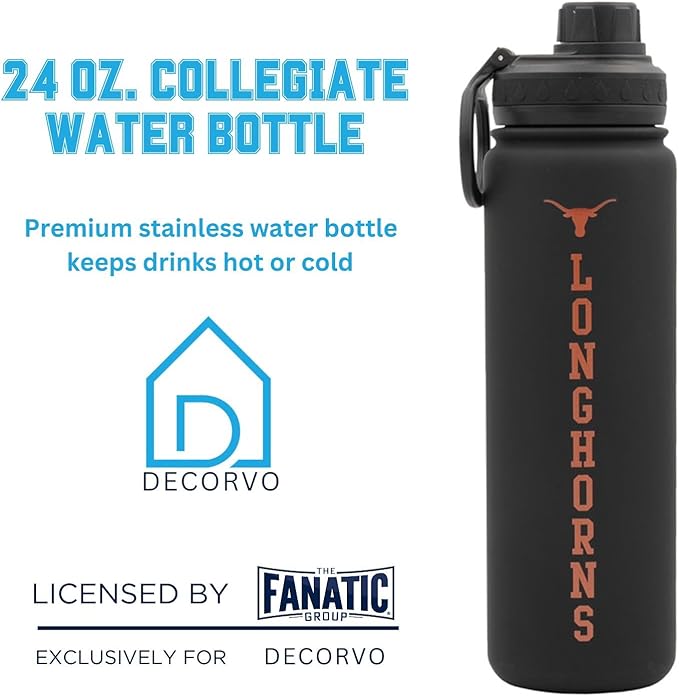 Texas Longhorns Water Bottle - Black Double Walled Stainless Steel 24 oz Keeps Drinks Cold or Hot