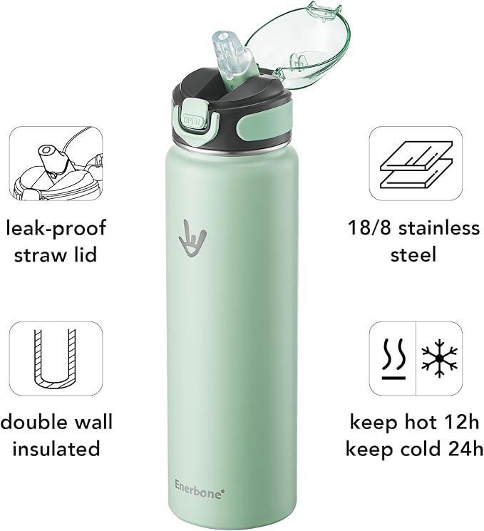 Enerbone Insulated Water Bottle, 32 oz Stainless Steel Water Bottles with Carrying Strap, Double-Wall Vacuum Insulation Thermos, Leakproof Sports Bottle with Straw, Keep Drinks Hot or Cold for Hours