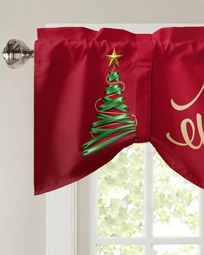 Merry Christmas Blackout Tie Up Valance Curtains for Kitchen Windows Christmas Tree Window Toppers Balloon Shades for Living Room/Bathroom/Bedroom,1 Panel,42" X 18" Winter Holidays
