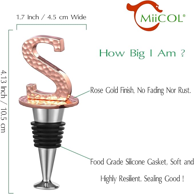 Miicol Wine Stopper, Prosecco Stopper, Wine Bottle Stopper, Personalised Champagne Stopper, Rose Gold Wine Accessories, Wine Lovers Gift, Monogram Gift, Letter S