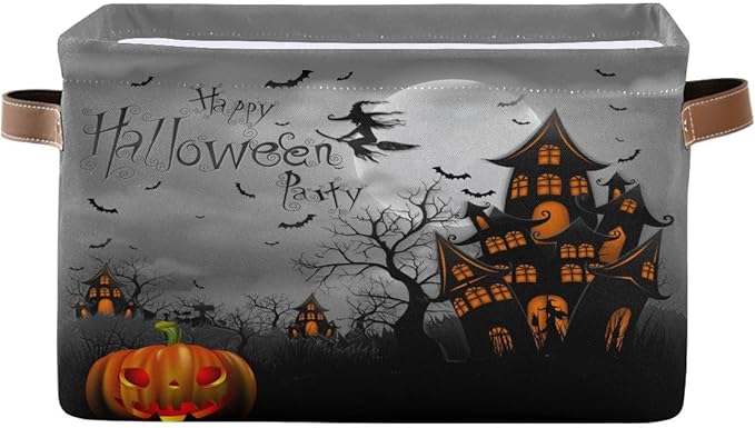 Halloween Spooky Witch Castle Storage Basket Fabric Kitchen Baskets Black Bat Ghost Pumpkin Open Home Storage Bins Boxes Foldable for Candy Toy Decorations Baskets 16×12×8 Inches