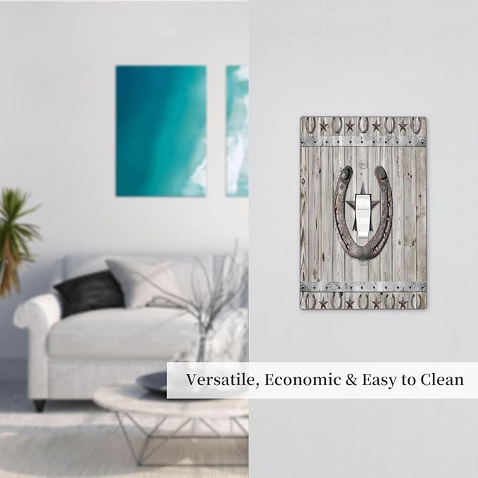 Rustic Western Wood Barn Door Horseshoe Iron Star 1 Gang Light Switch Covers Single Toggle Wall Plate Decorative Switchcover Electrical Switchplate for Farmhouse Country Bedroom Decor