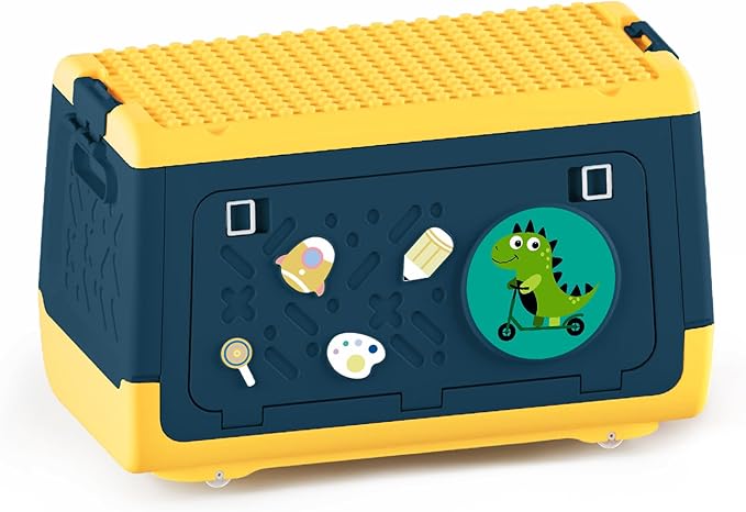 Toy Box Chest with Lid, Dinosaur Collapsible Storage Organizer for Kids Boys Girls, Plastic Stackable Toddler Toy Bins with Building Block Lid (Blue)