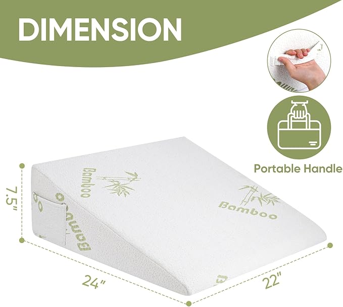 Wedge Pillow for Sleeping After Surgery 7.5" Bed Wedge Pillow with Memory Foam Top, Help with Acid Reflux Heartburn Snore Back Leg Knee Pain, Soft Comfortable, Breathable Durable, Bamboo Cooling Cover