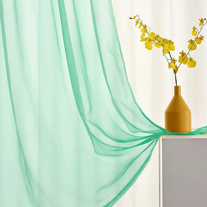 Green Sheer Curtains 84 Inch Length for Bedroom, Soft Textured Rod Pocket Sheer Voile Curtain Panels, Light Filtering Green Sheer Drapes for Living Room 52 x 84 Inches Long 2 Panels