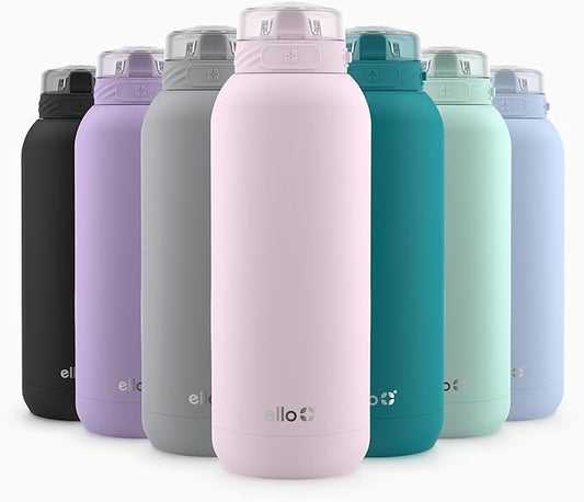 Ello Cooper 40oz Stainless Steel Water Bottle with Straw and Carry Handle, Double Walled and Vacuum Insulated Metal, Leak Proof Locking Lid with Soft Silicone Spout, Reusable, BPA Free, Cashmere Pink