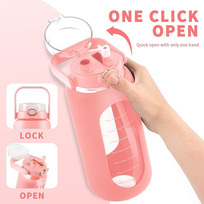 64oz Glass Water Bottle with Straw and Handle - Half Gallon Motivational Water Jug with Time Marker and Silicone Sleeve, Leak proof Wide Mouth Water Flask for Gym, Sports, and Daily Use (Pink)