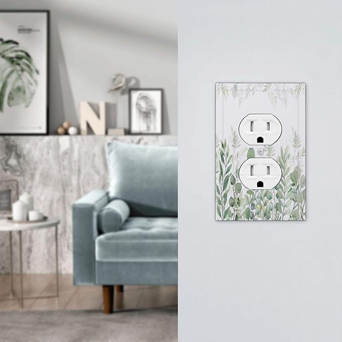 Green Eucalyptus Rustic Botanical Plant Leaves Single Duplex Wall Plate Covers Boho Light Switch Cover 1 Gang Outlet Plate Decorative Electrical Receptacle Faceplate Switchplate for Country Decor