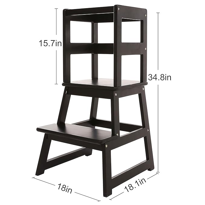 SDADI Kids Kitchen Step Stool Tower for Toddlers, Holds up to 150 lbs, w/ Safety Rail, Wide Platform Design, and 4 Anti-Slip Strips, Black