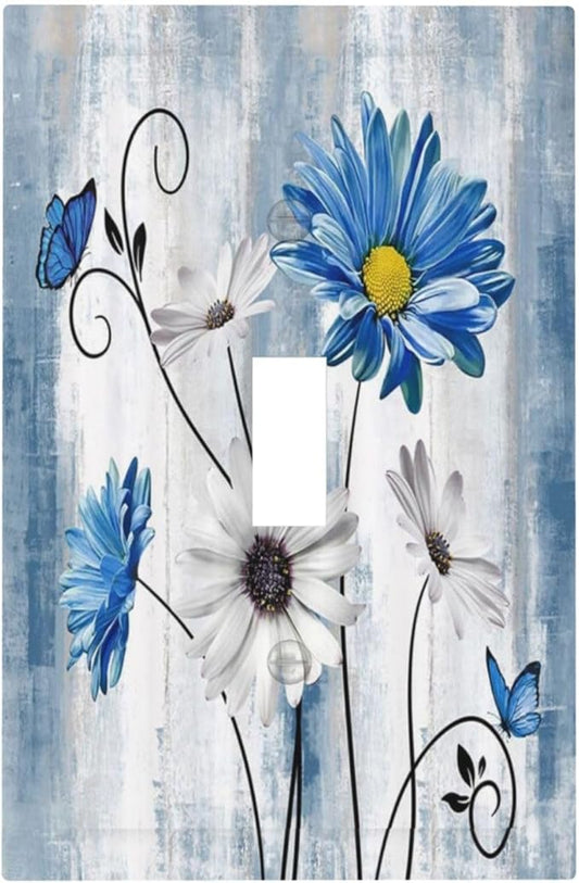 Rustic Teal Blue Daisy Floral 1 Gang Light Switch Covers Single Toggle Wall Plate Decorative Switchcover Electrical Switchplate for Country Bathroom Bedroom Kitchen Decor